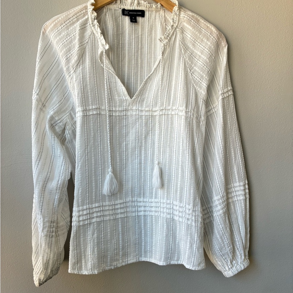 INC International Concepts White Cotton Boho Peasant Top. Balloon Sleeves. NWOT. - Picture 2 of 13